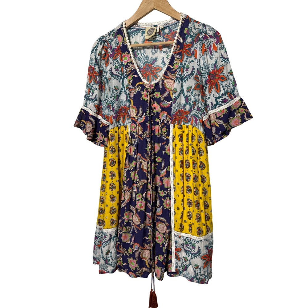 Lilka Anthropologie Mixed Print Floral Lace Up‎ Tassel Mini Dress Size XS